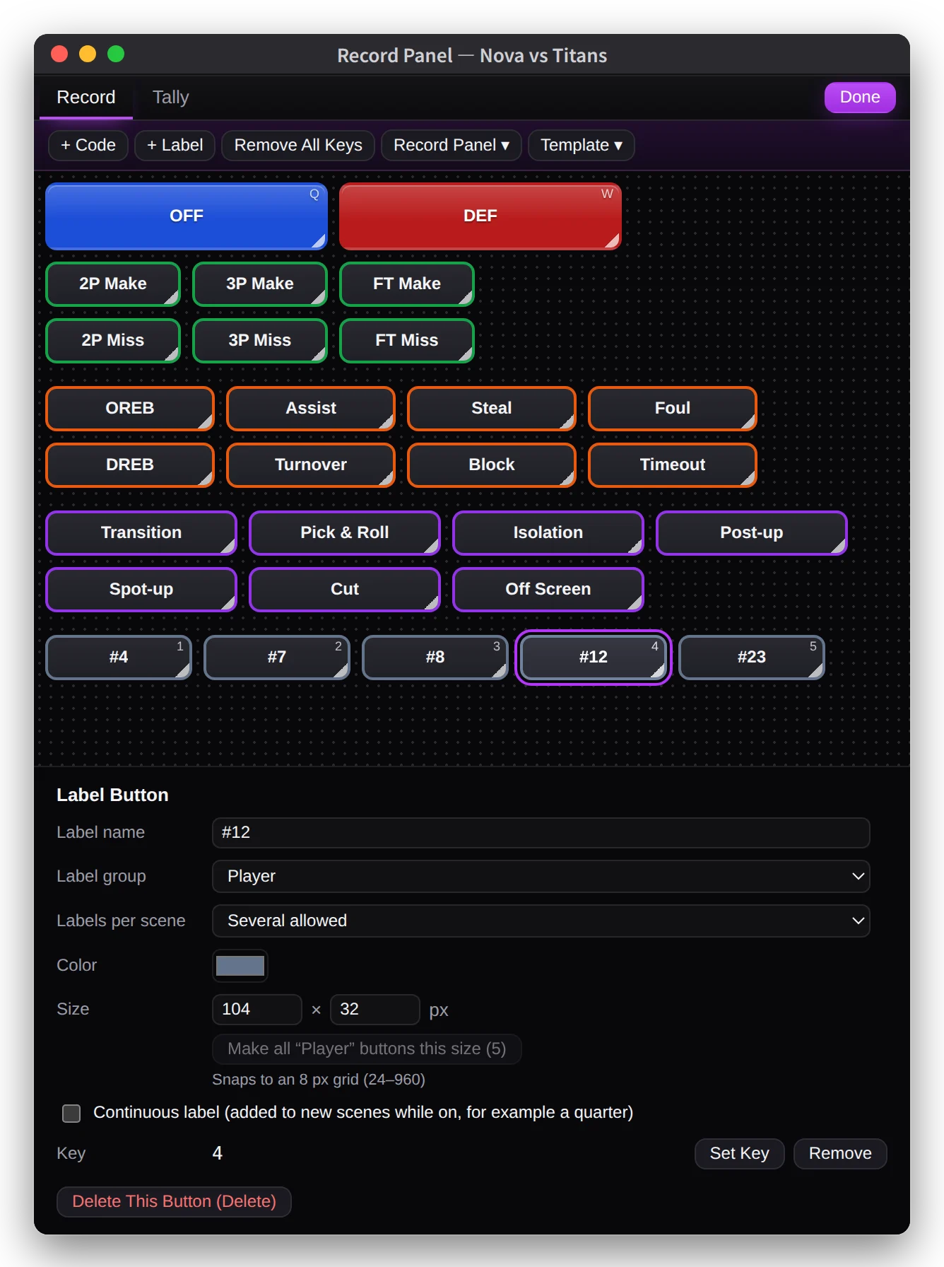 The record panel in edit mode, with the #12 button selected and its label name, color, size and key shown.