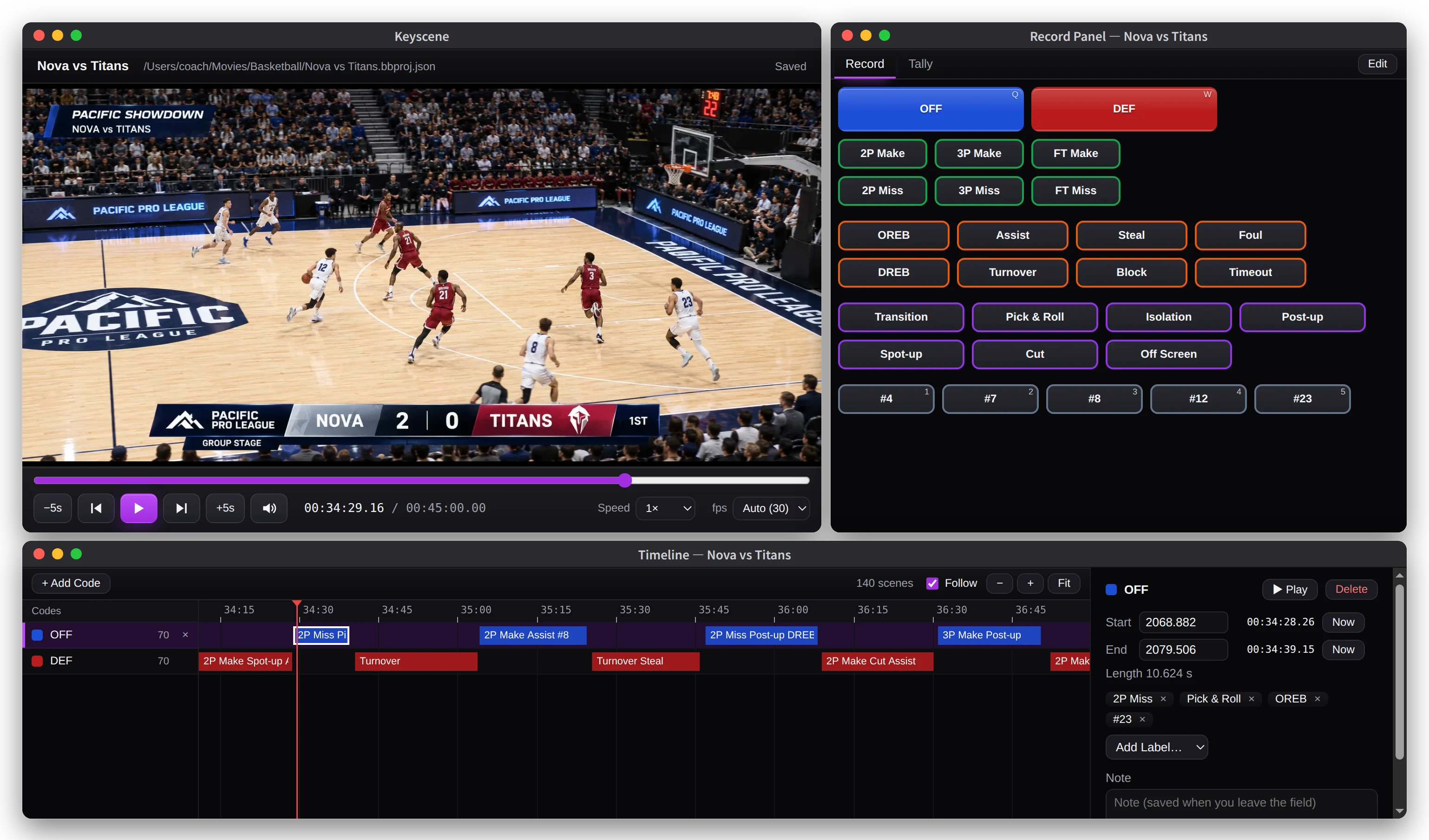 The Keyscene windows: the game video, the record panel and the timeline.