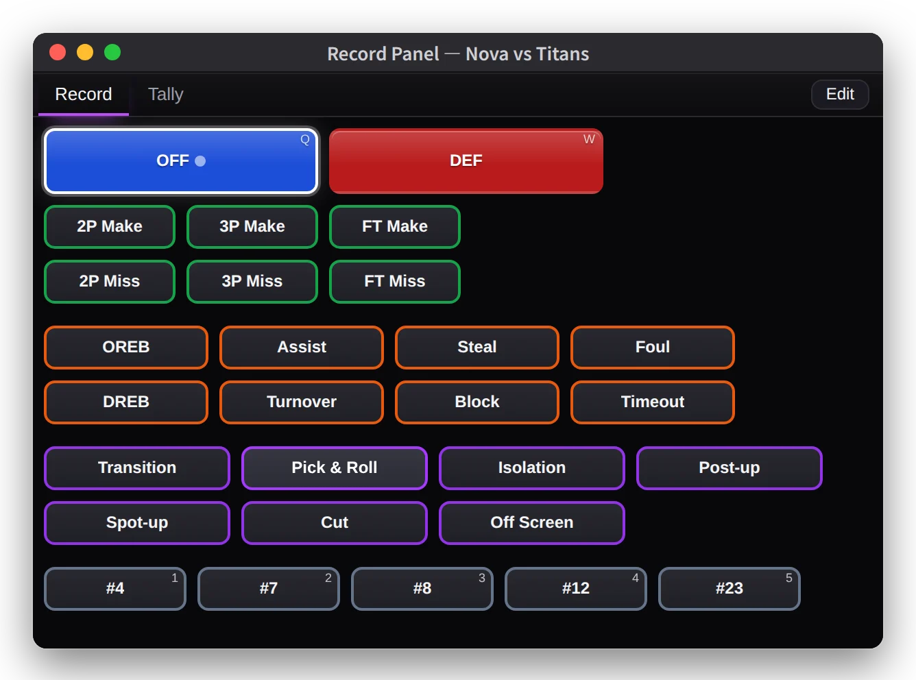 The record panel while OFF is being tagged, with label buttons for shots, events, play types and players.
