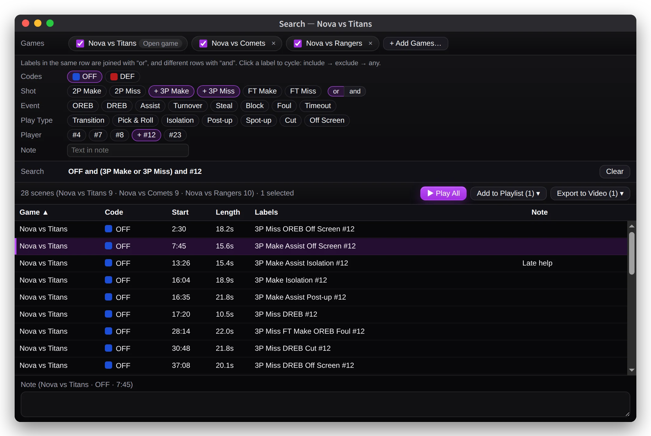 The search window, listing the scenes from three games that match the search.