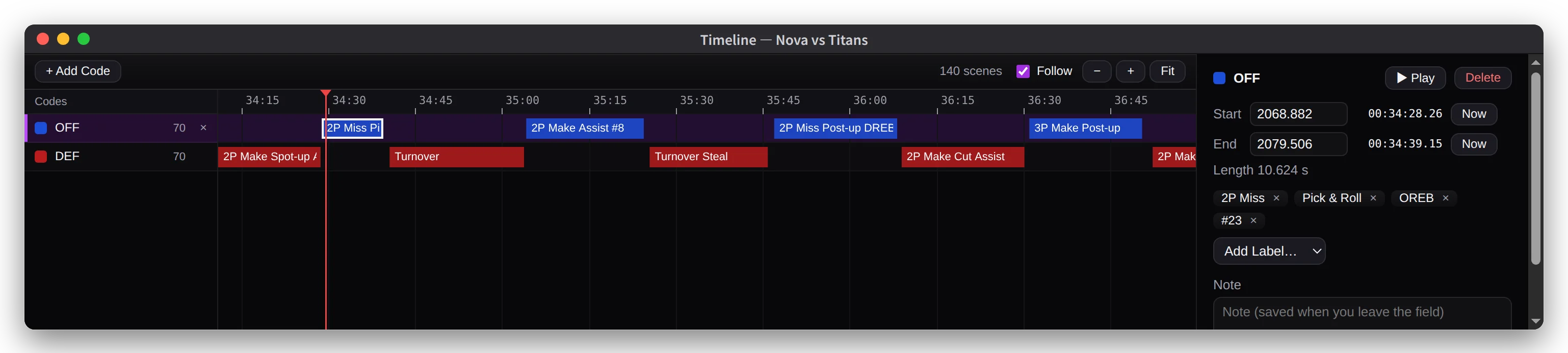 The timeline with scenes in the OFF and DEF rows, and the selected scene’s times and labels on the right.
